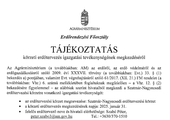 Tájékoztatás körzeti erdőtervezés igazgatási tevékenységének megkezdéséről